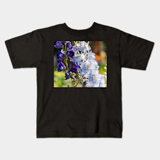 blue and purple Delphinium flowers Kids T-Shirt